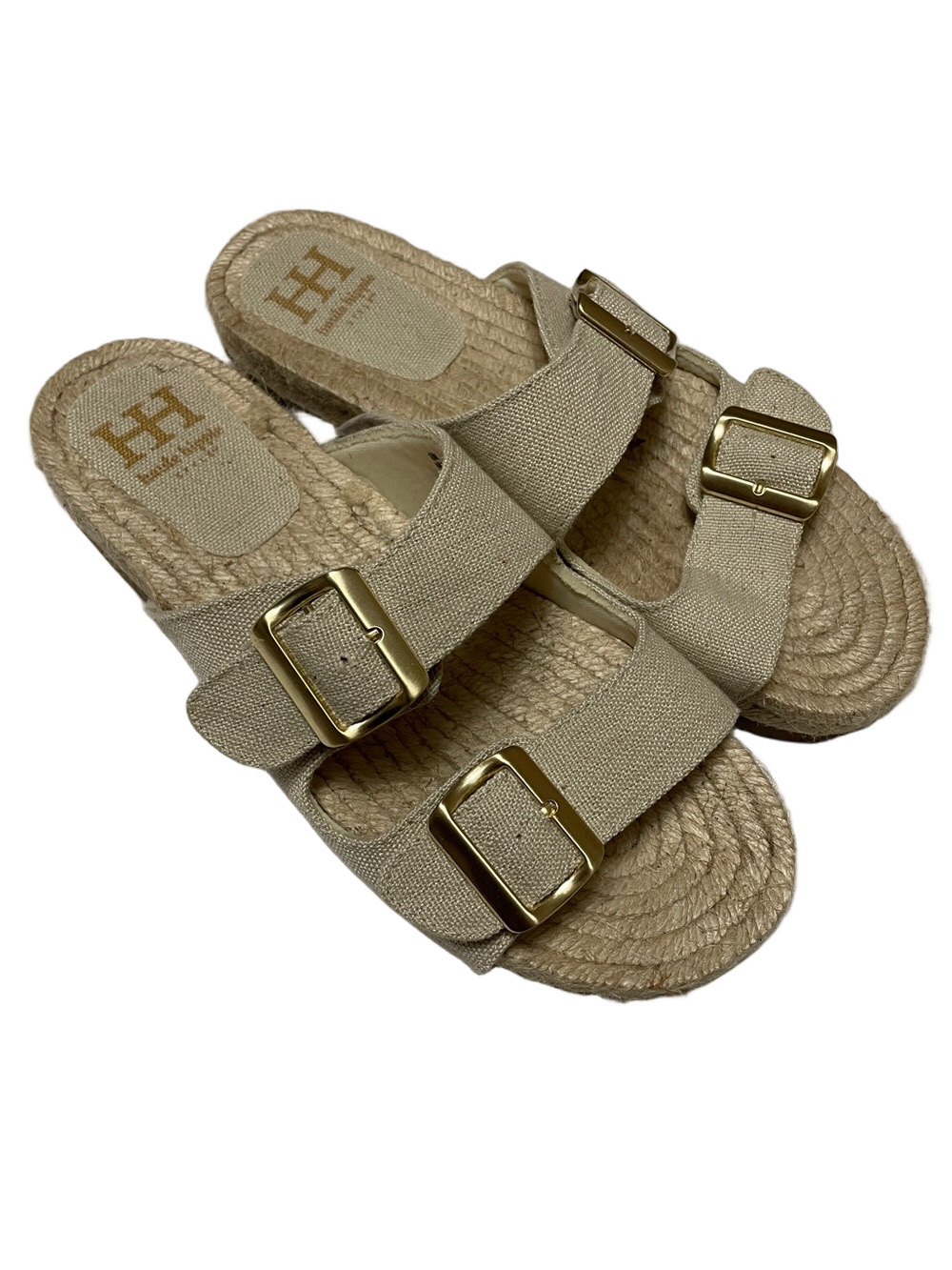 Haute Hippie Nikki Neutral Canvas Double-Buckle Espadrille Slide Sandals 10M